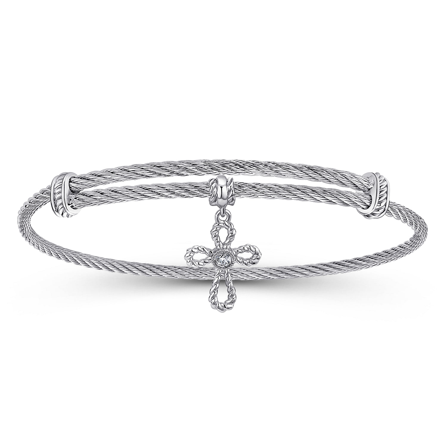 Adjustable Twisted Cable Stainless Steel Bangle with Sterling Silver and White Sapphire Cross Charm