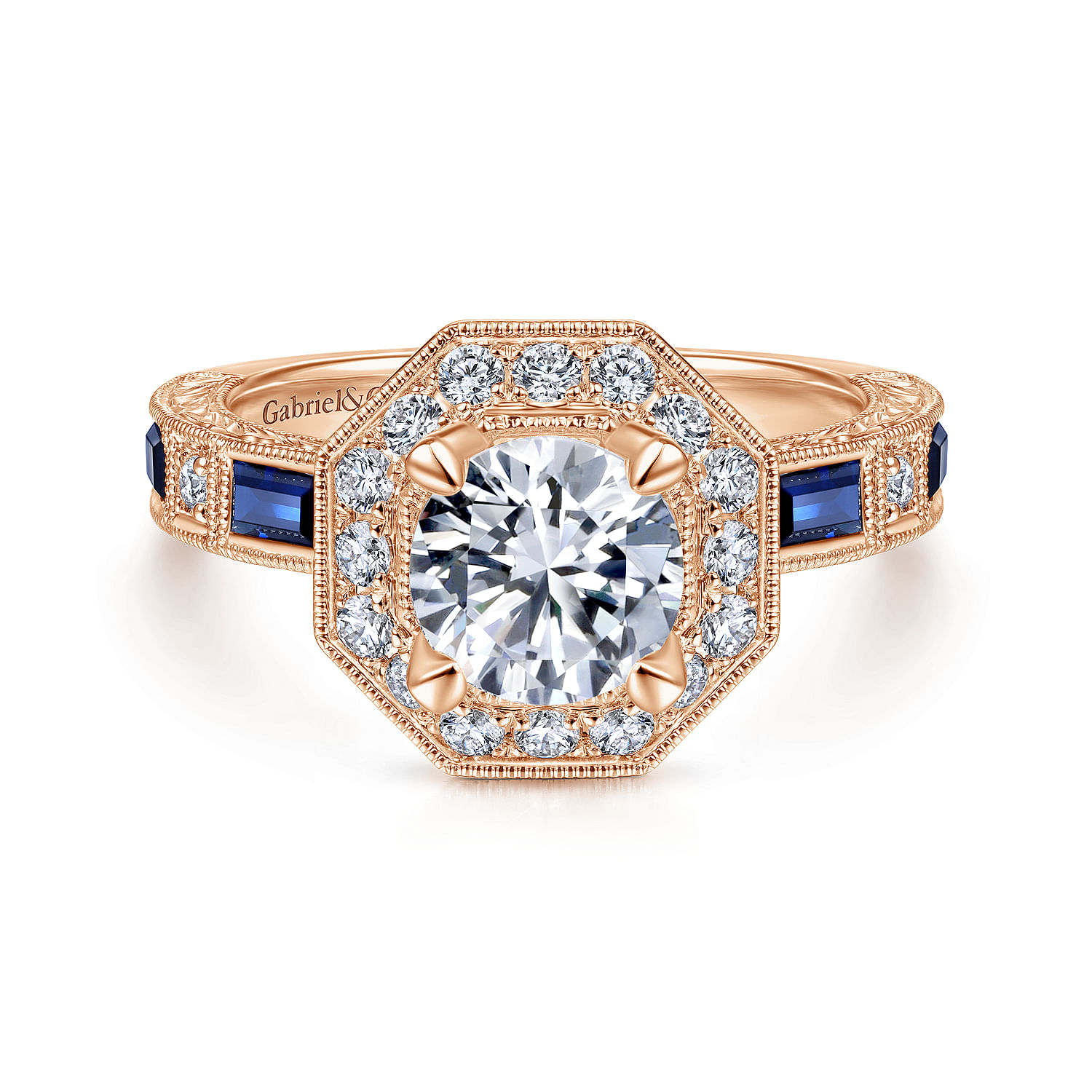 Art Deco 14K Rose Gold Octagonal Halo Round Diamond and Sapphire Engagement Ring
