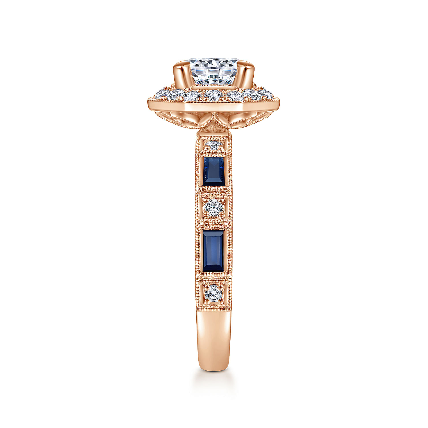 Art Deco 14K Rose Gold Octagonal Halo Round Diamond and Sapphire Engagement Ring