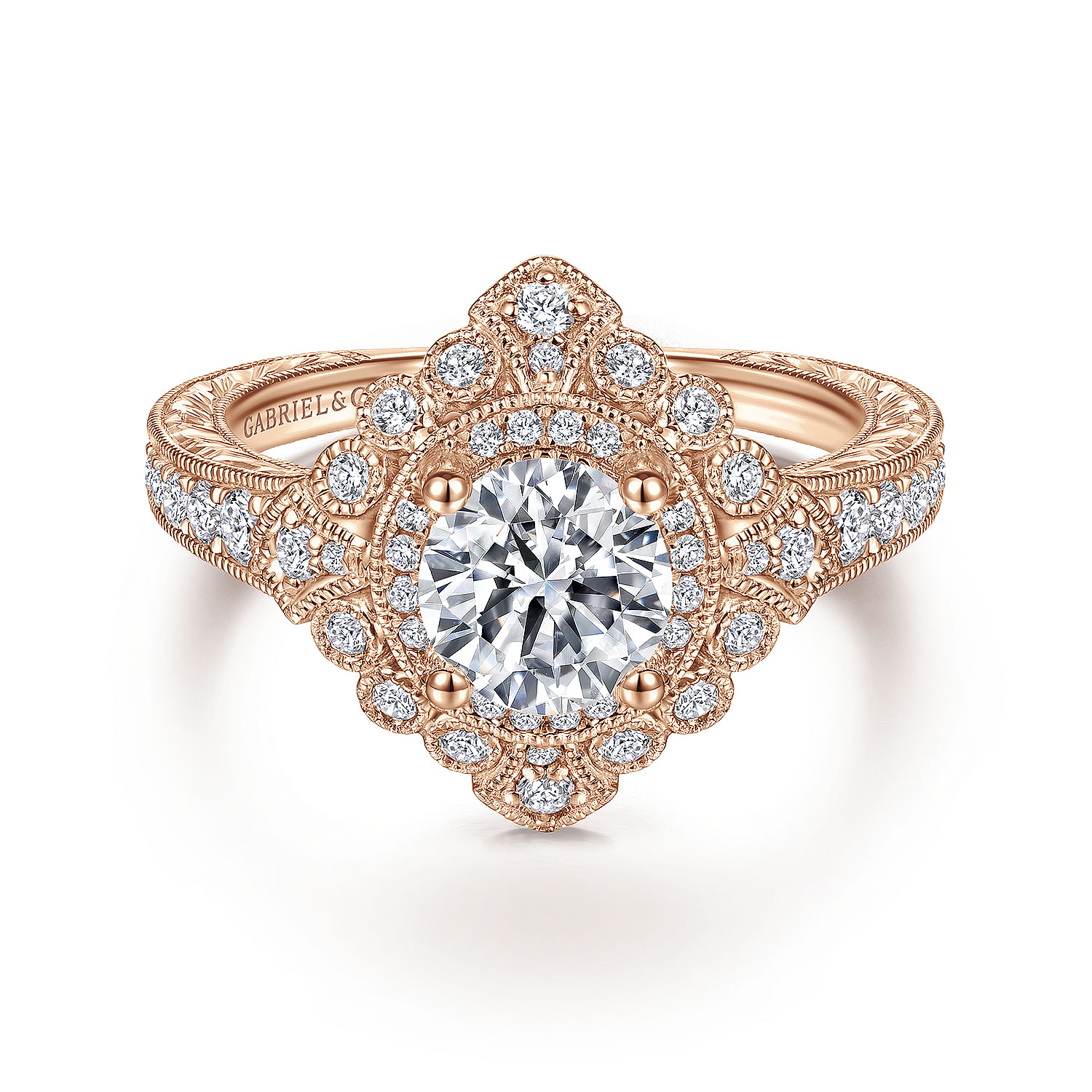 Gabriel - Art Deco 14K Rose Gold Round Double Halo Diamond Engagement Ring