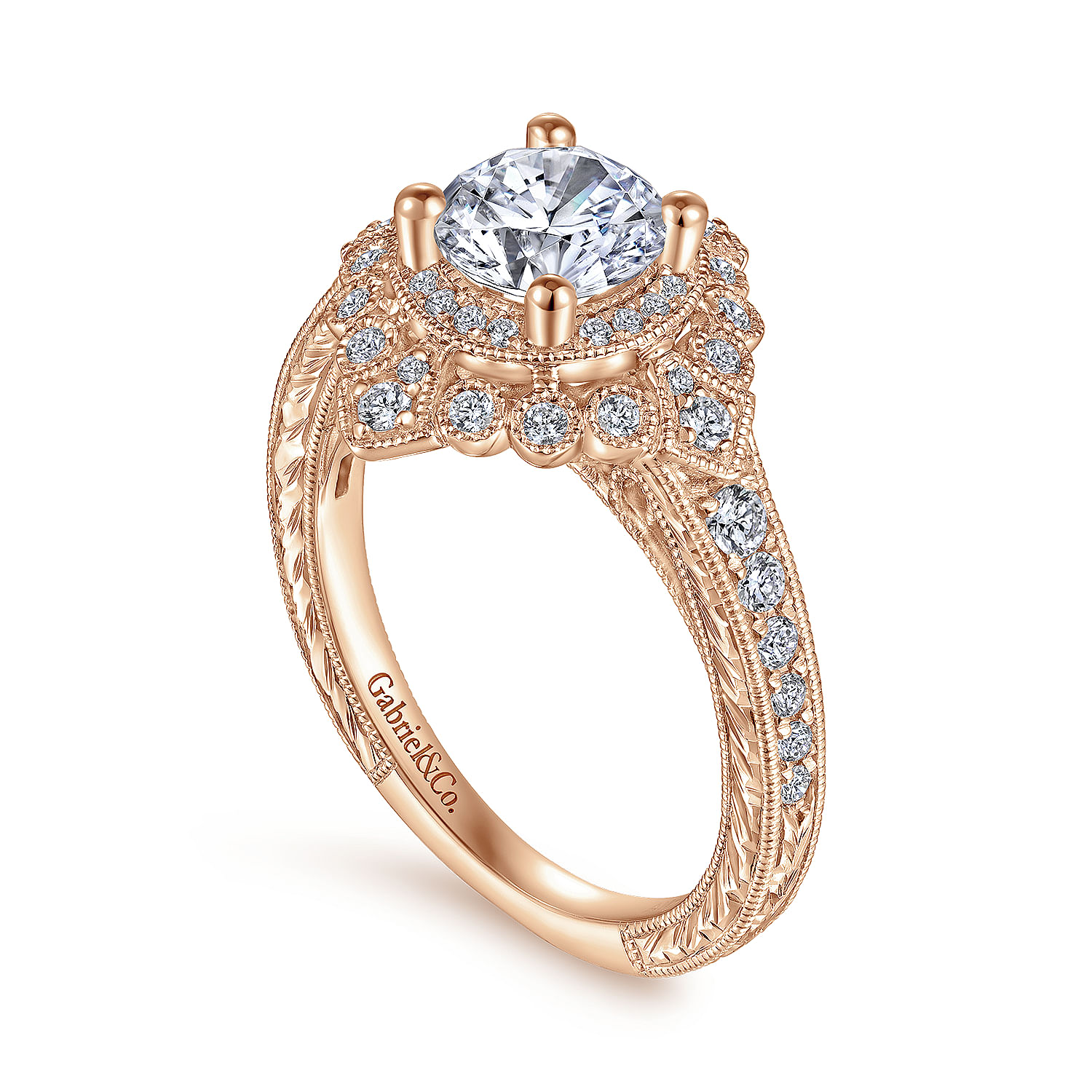 Art Deco 14K Rose Gold Round Double Halo Diamond Engagement Ring