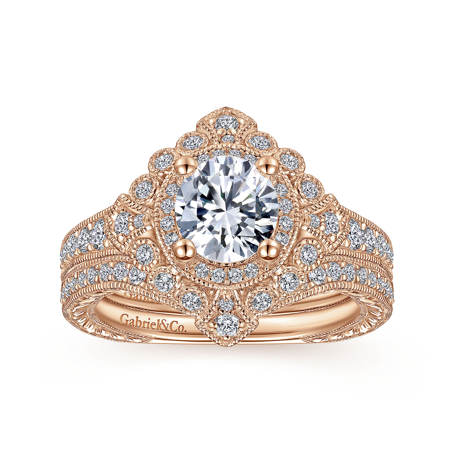 Art Deco 14K Rose Gold Round Double Halo Diamond Engagement Ring