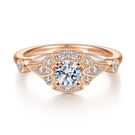 Gabriel - Art Deco 14K Rose Gold Round Halo Complete Diamond Engagement Ring
