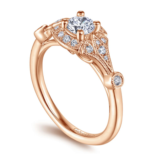 Art Deco 14K Rose Gold Round Halo Complete Diamond Engagement Ring