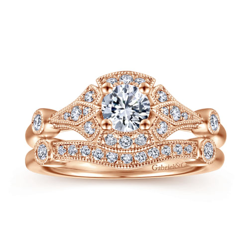 Art Deco 14K Rose Gold Round Halo Complete Diamond Engagement Ring
