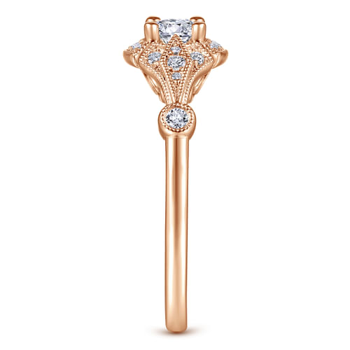 Art Deco 14K Rose Gold Round Halo Complete Diamond Engagement Ring