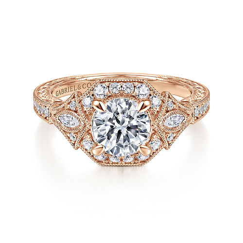 Art Deco 14K Rose Gold Round Halo Diamond Engagement Ring