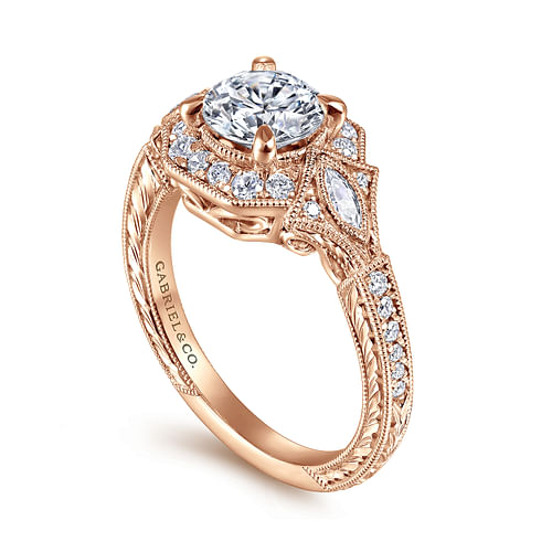 Art Deco 14K Rose Gold Round Halo Diamond Engagement Ring