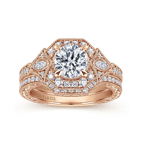 Art Deco 14K Rose Gold Round Halo Diamond Engagement Ring