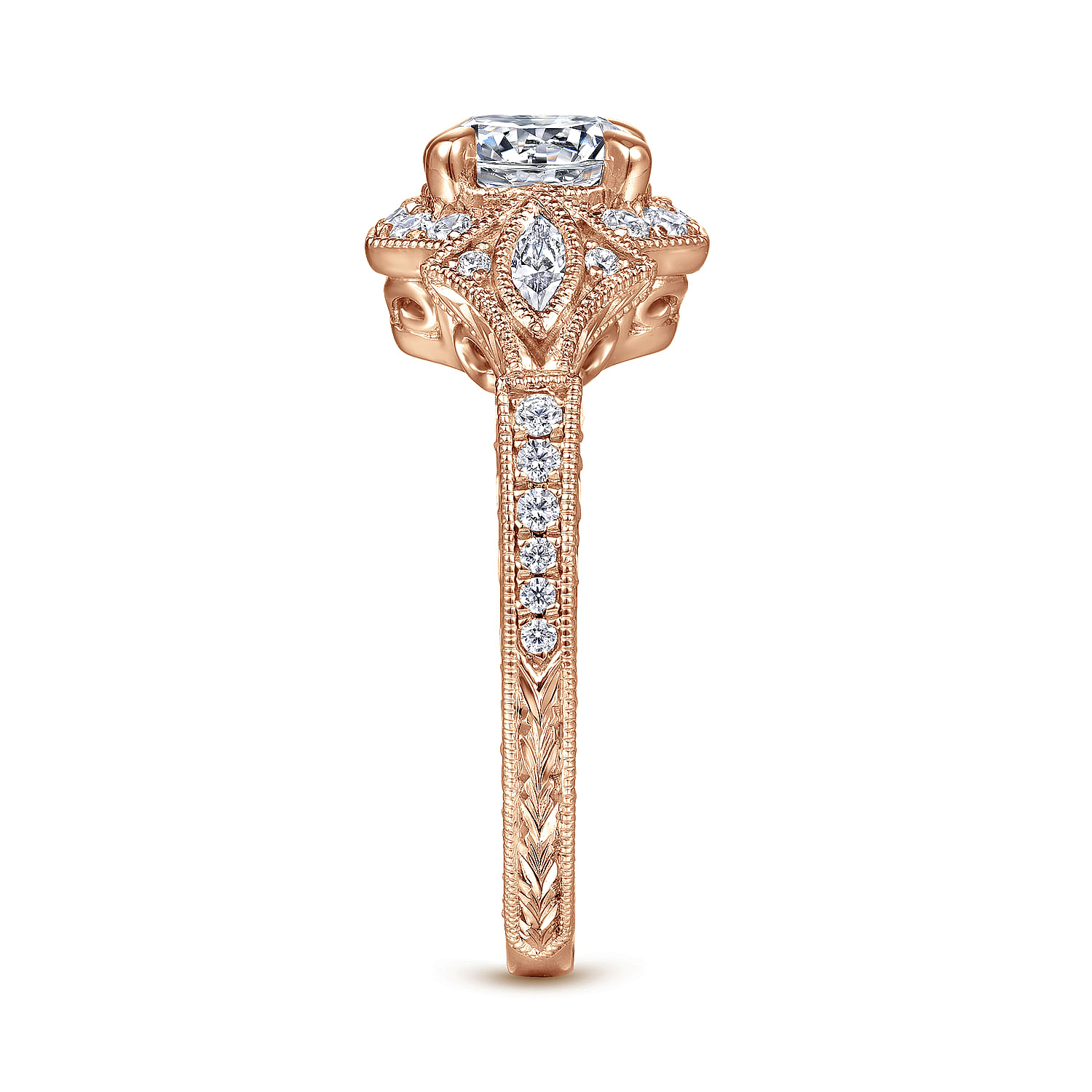 Art Deco 14K Rose Gold Round Halo Diamond Engagement Ring