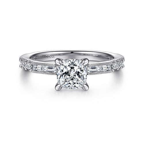 Art Deco 14K White Gold Cushion Cut Diamond Engagement Ring