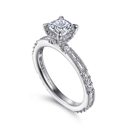 Art Deco 14K White Gold Cushion Cut Diamond Engagement Ring
