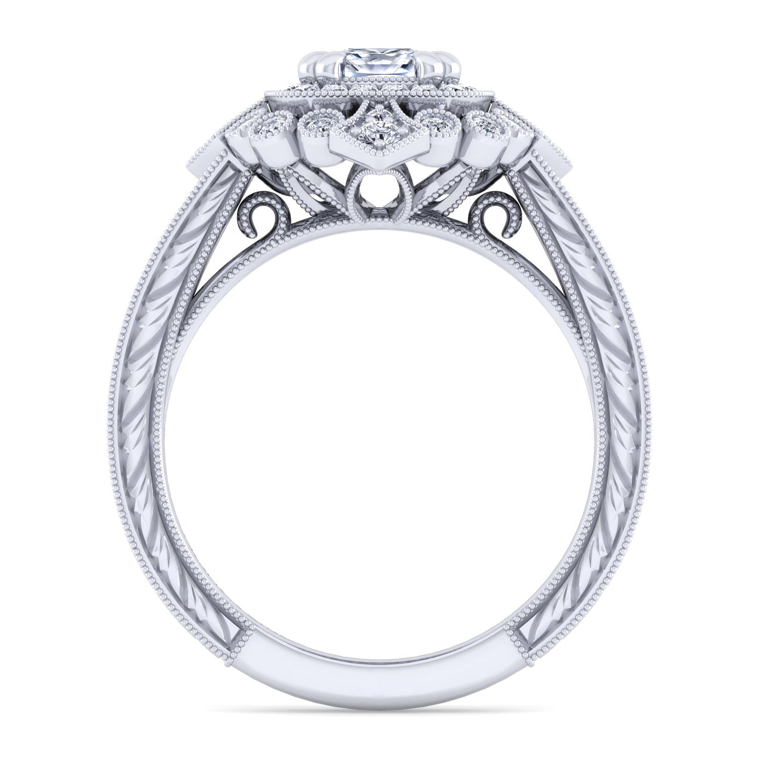 Art Deco 14K White Gold Cushion Double Halo Diamond Engagement Ring