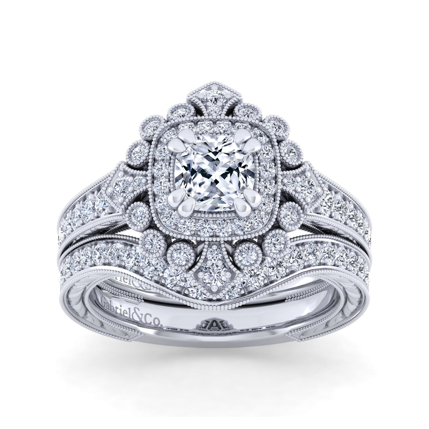Art Deco 14K White Gold Cushion Double Halo Diamond Engagement Ring