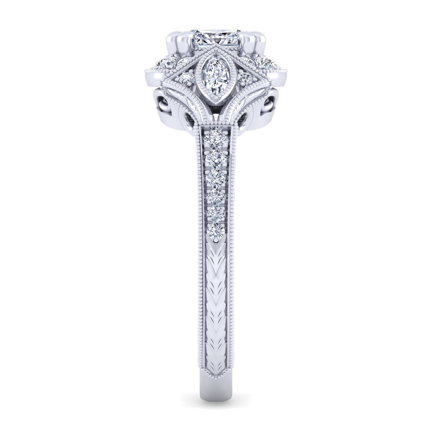 Art Deco 14K White Gold Cushion Halo Diamond Engagement Ring