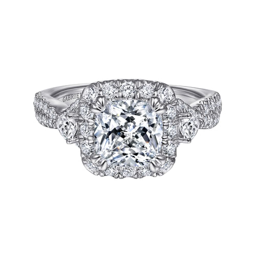 Art Deco 14K White Gold Cushion Three Stone Halo Diamond Engagement Ring