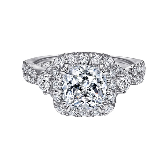 Gabriel - Art Deco 14K White Gold Cushion Three Stone Halo Diamond Engagement Ring