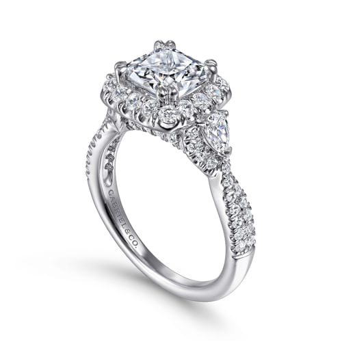 Art Deco 14K White Gold Cushion Three Stone Halo Diamond Engagement Ring