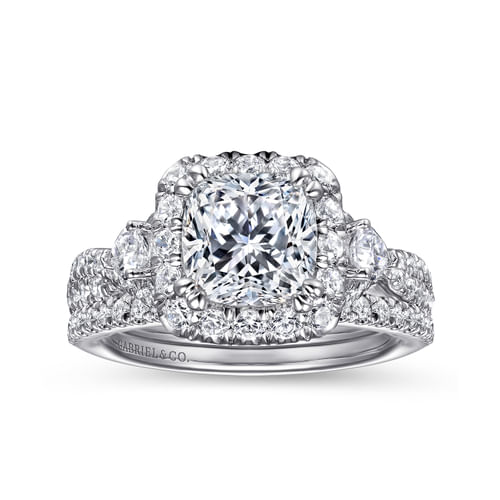 Art Deco 14K White Gold Cushion Three Stone Halo Diamond Engagement Ring