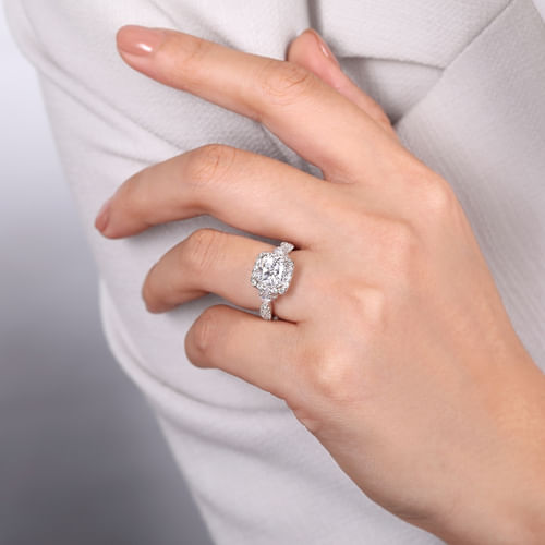 Art Deco 14K White Gold Cushion Three Stone Halo Diamond Engagement Ring