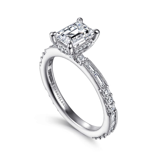 Art Deco 14K White Gold Emerald Cut Diamond Engagement Ring