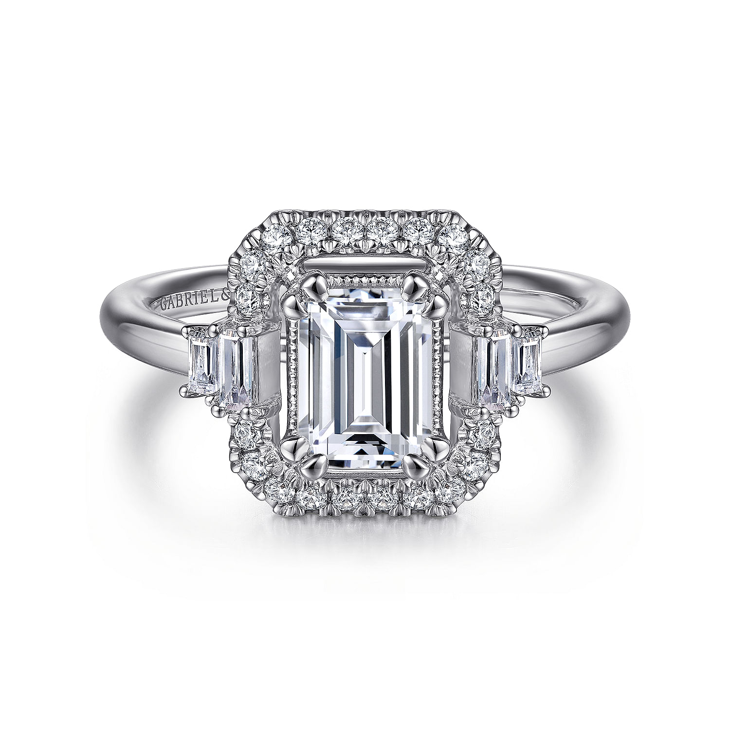 Gabriel - Art Deco 14K White Gold Emerald Cut Halo Diamond Engagement Ring