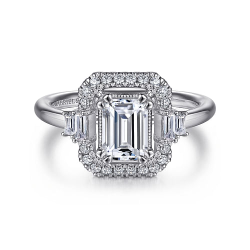 Art Deco 14K White Gold Emerald Cut Halo Diamond Engagement Ring