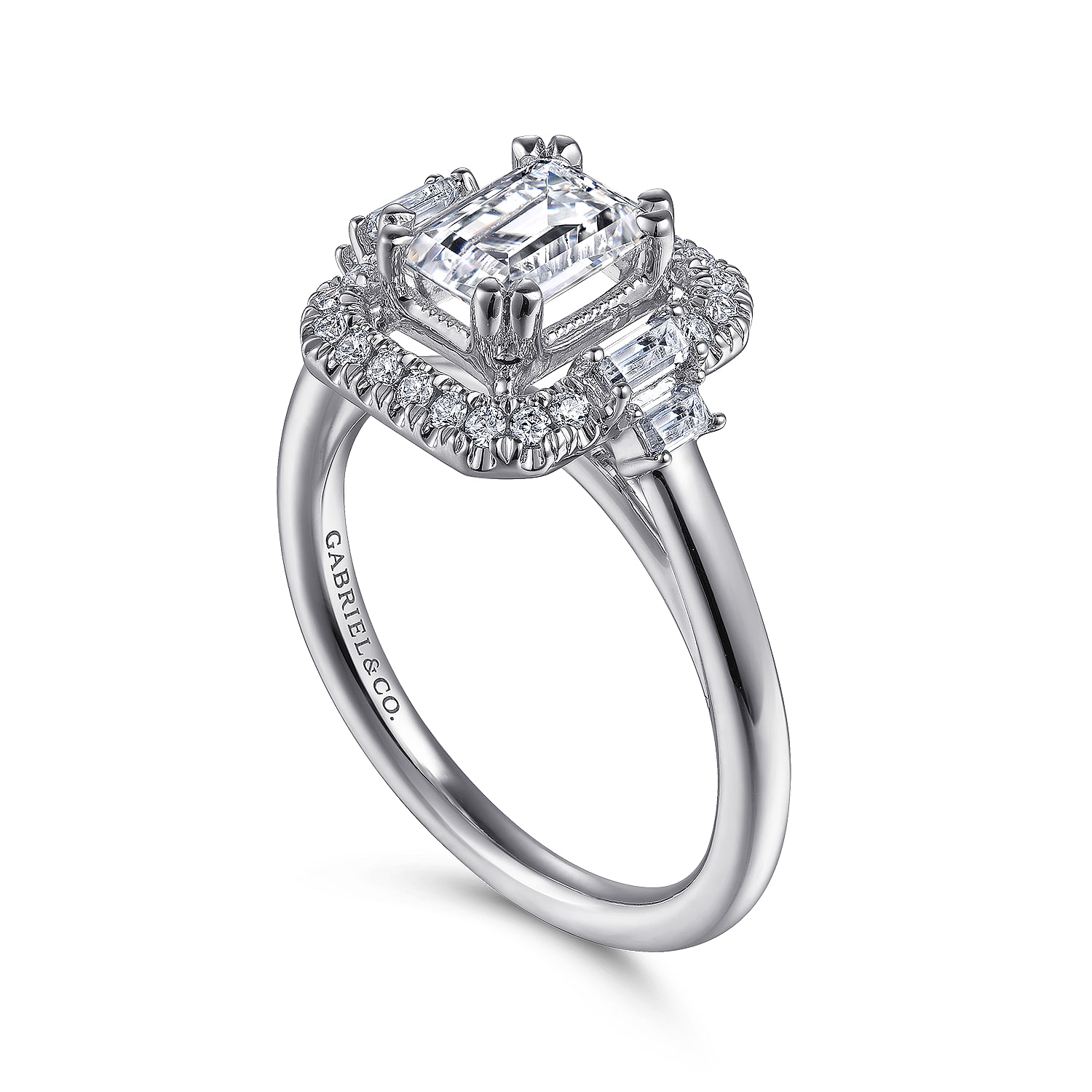Art Deco 14K White Gold Emerald Cut Halo Diamond Engagement Ring