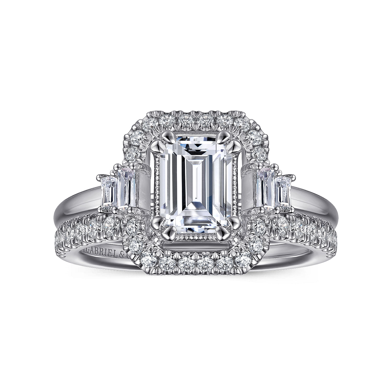 Art Deco 14K White Gold Emerald Cut Halo Diamond Engagement Ring