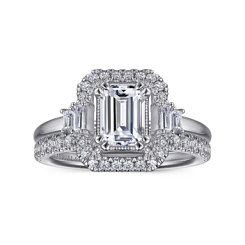 Art Deco 14K White Gold Emerald Cut Halo Diamond Engagement Ring