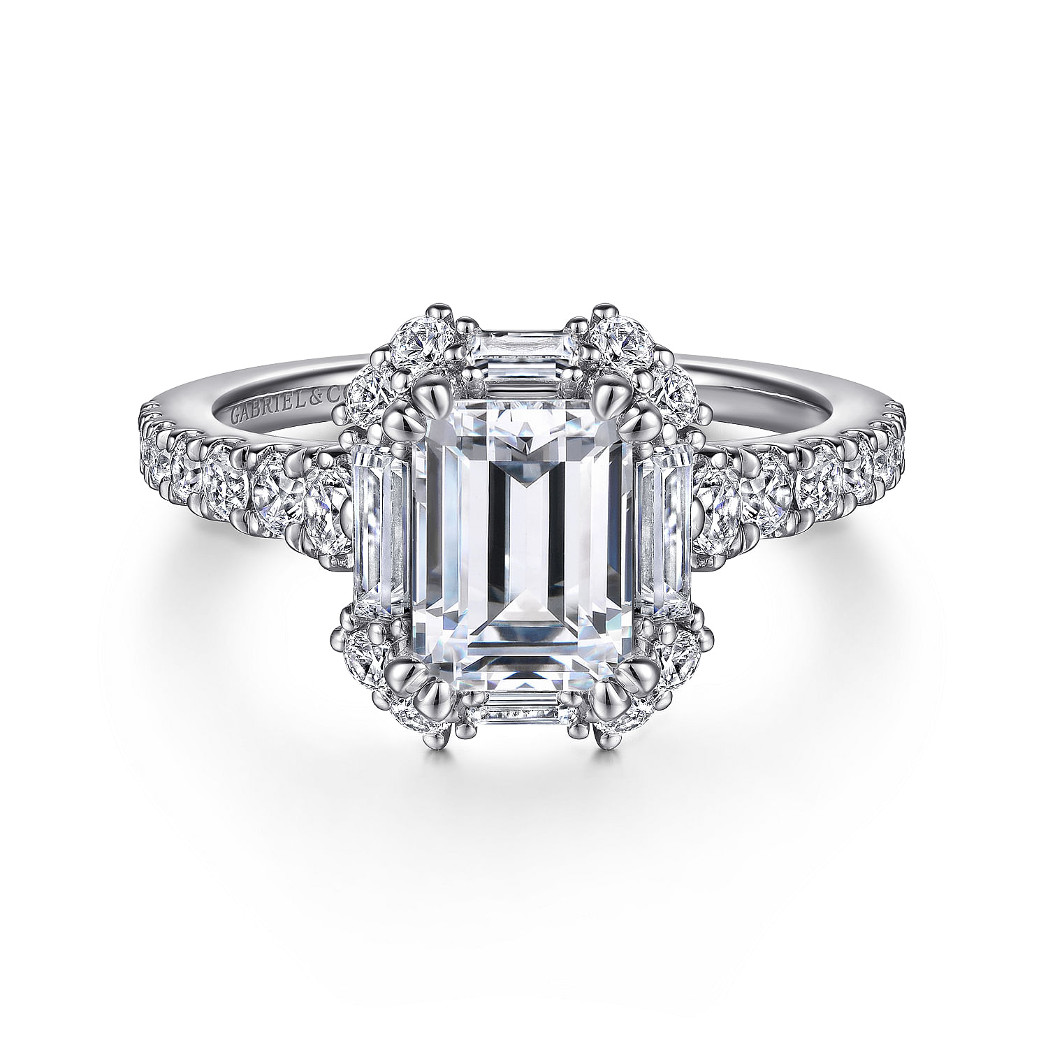 Gabriel - Art Deco 14K White Gold Halo Emerald Cut Diamond Engagement Ring