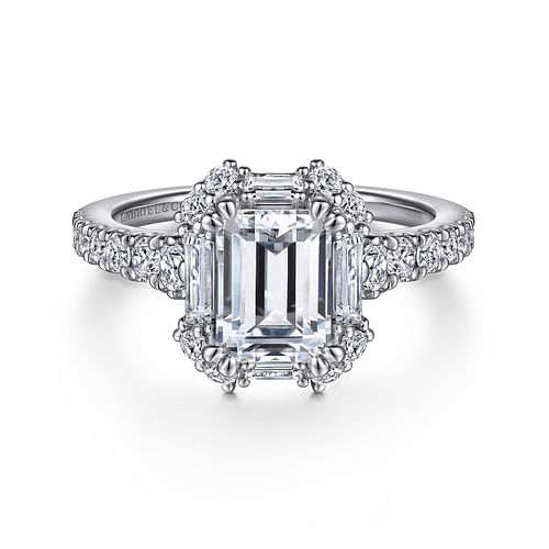 Art Deco 14K White Gold Halo Emerald Cut Diamond Engagement Ring