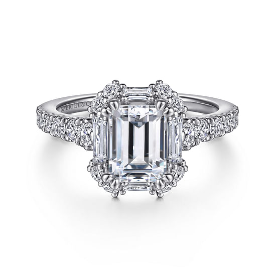 Gabriel - Art Deco 14K White Gold Halo Emerald Cut Diamond Engagement Ring