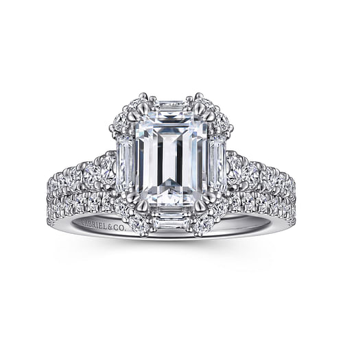 Art Deco 14K White Gold Halo Emerald Cut Diamond Engagement Ring