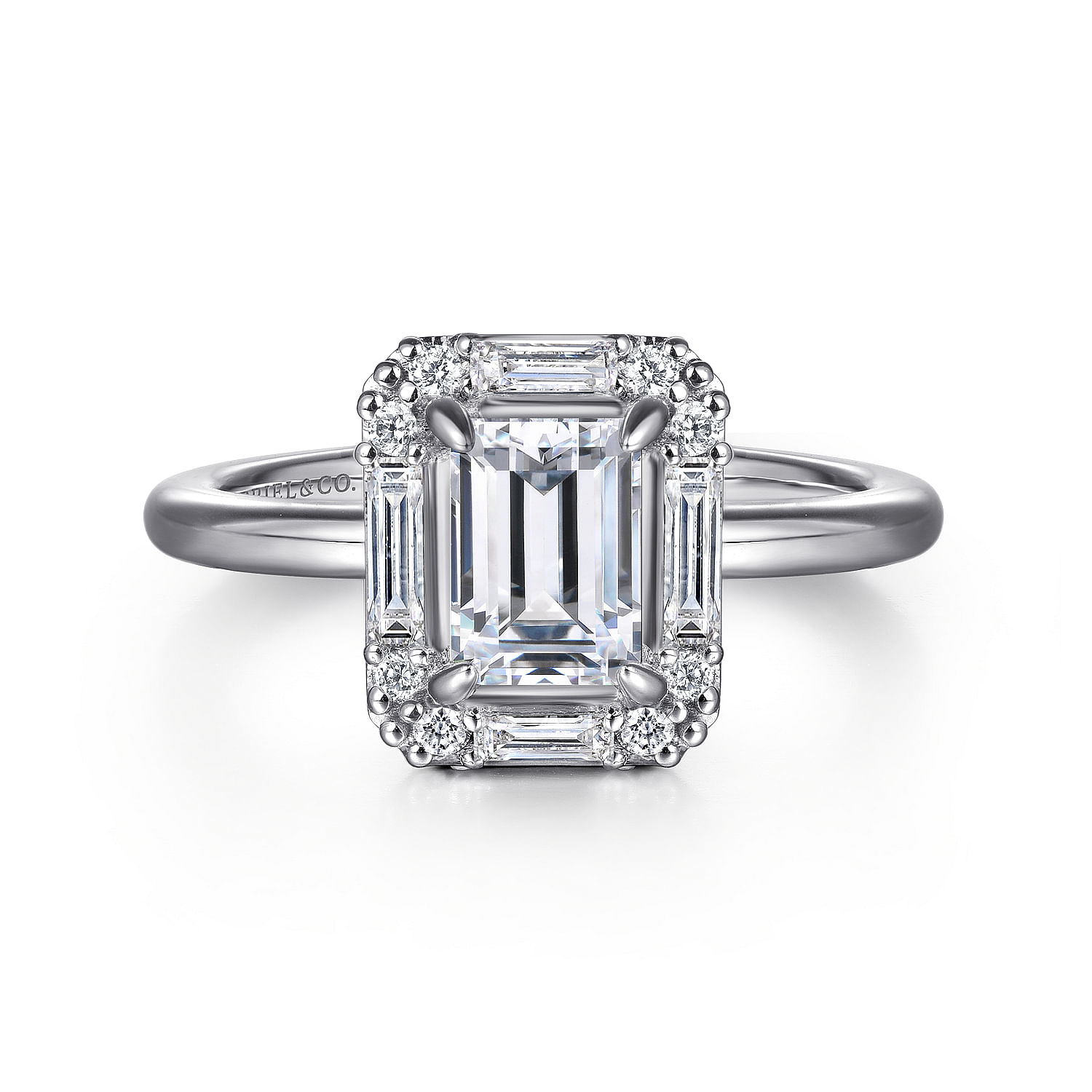 Gabriel - Art Deco 14K White Gold Halo Emerald Cut Diamond Engagement Ring