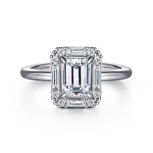 Art Deco 14K White Gold Halo Emerald Cut Diamond Engagement Ring