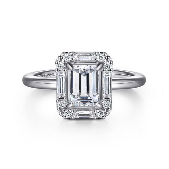 Gabriel - Art Deco 14K White Gold Halo Emerald Cut Diamond Engagement Ring