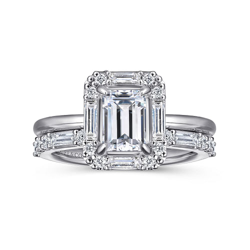 Art Deco 14K White Gold Halo Emerald Cut Diamond Engagement Ring