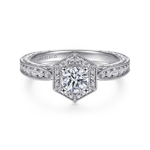 Art Deco 14K White Gold Hexagonal Halo Round Complete Diamond Engagement Ring