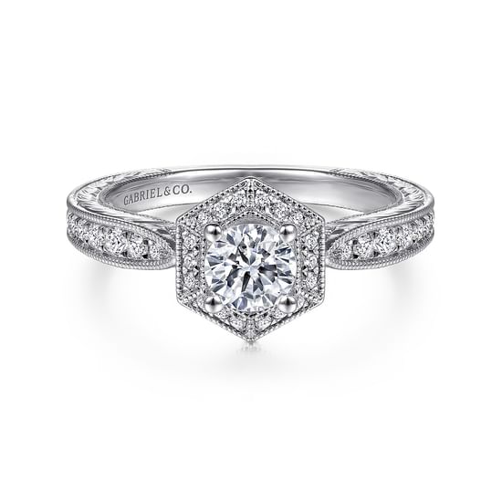 Gabriel - Art Deco 14K White Gold Hexagonal Halo Round Complete Diamond Engagement Ring