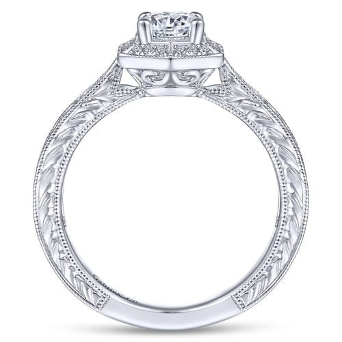 Art Deco 14K White Gold Hexagonal Halo Round Complete Diamond Engagement Ring