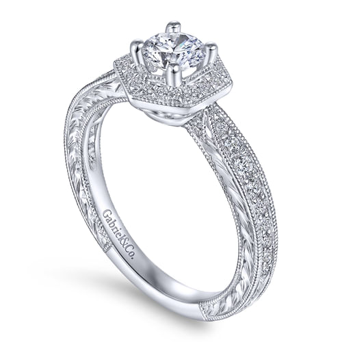 Art Deco 14K White Gold Hexagonal Halo Round Complete Diamond Engagement Ring