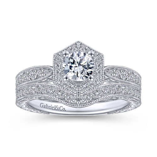 Art Deco 14K White Gold Hexagonal Halo Round Complete Diamond Engagement Ring