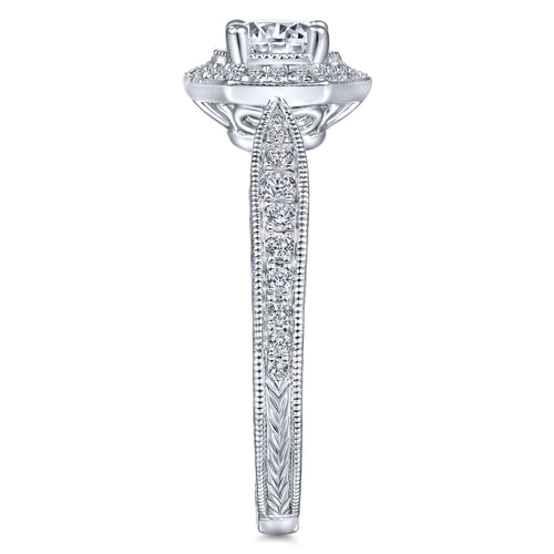 Art Deco 14K White Gold Hexagonal Halo Round Complete Diamond Engagement Ring