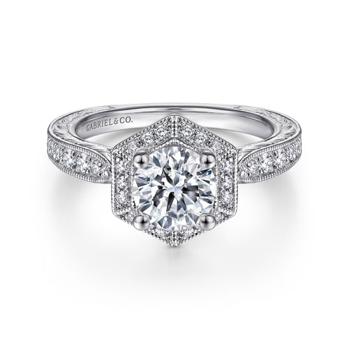 Art Deco 14K White Gold Hexagonal Halo Round Diamond Engagement Ring