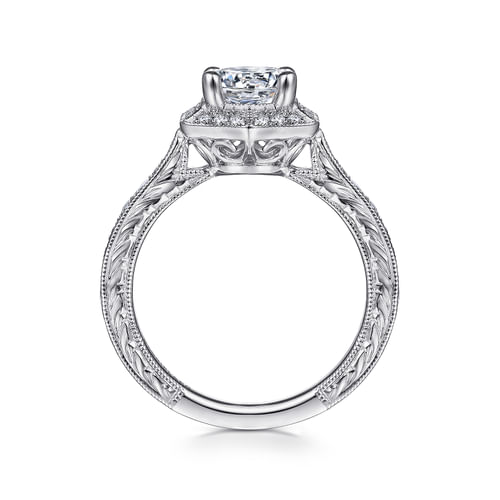 Art Deco 14K White Gold Hexagonal Halo Round Diamond Engagement Ring