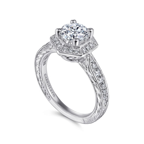 Art Deco 14K White Gold Hexagonal Halo Round Diamond Engagement Ring