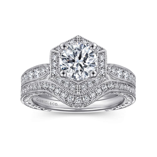 Art Deco 14K White Gold Hexagonal Halo Round Diamond Engagement Ring