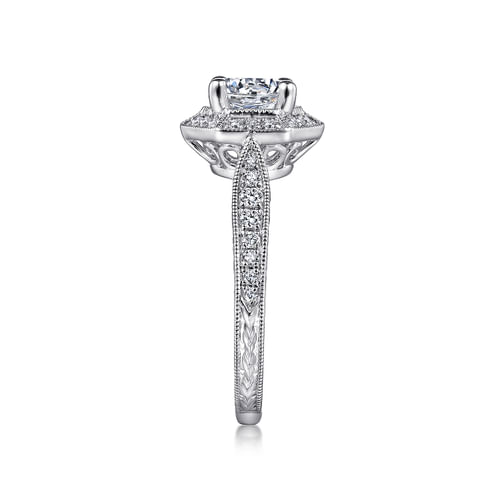 Art Deco 14K White Gold Hexagonal Halo Round Diamond Engagement Ring