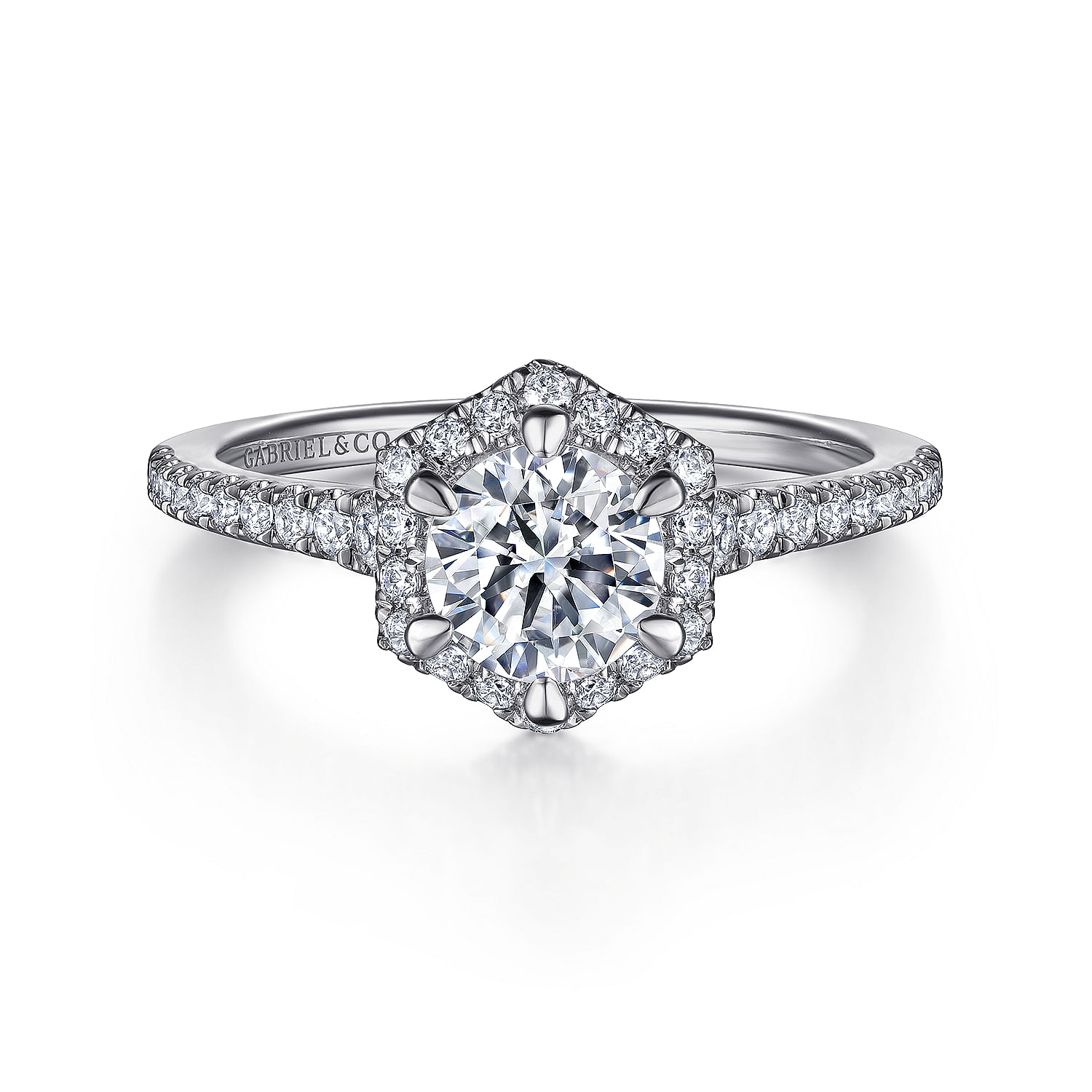 Gabriel - Art Deco 14K White Gold Hexagonal Halo Round Diamond Engagement Ring